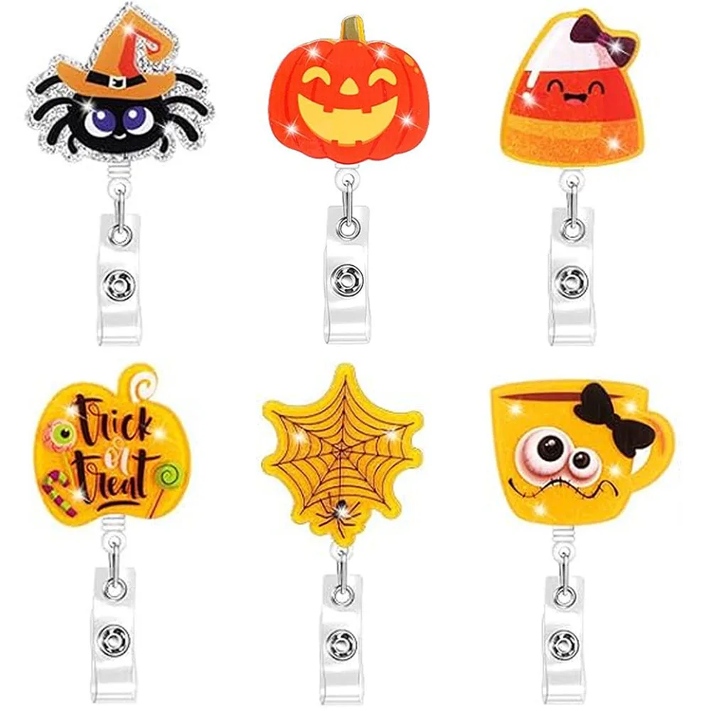 2024 New Design 1 Piece Glitter Acrylic Retractable Nurse Badge Reel Anime Pumpkin Spider Holloween ID Card Holder Lanyard