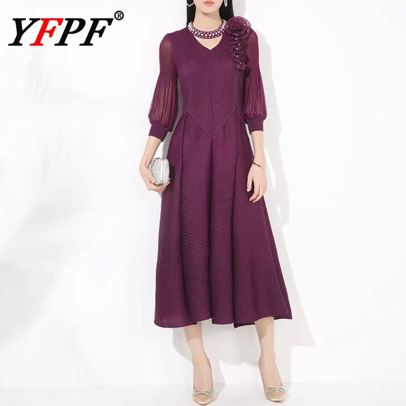 

YFPF 2025 Elegant Dress Women Fashion V Neck Puff Sleeve 3D Flower Patchwork Design A Line Long Dresses Female Clothing