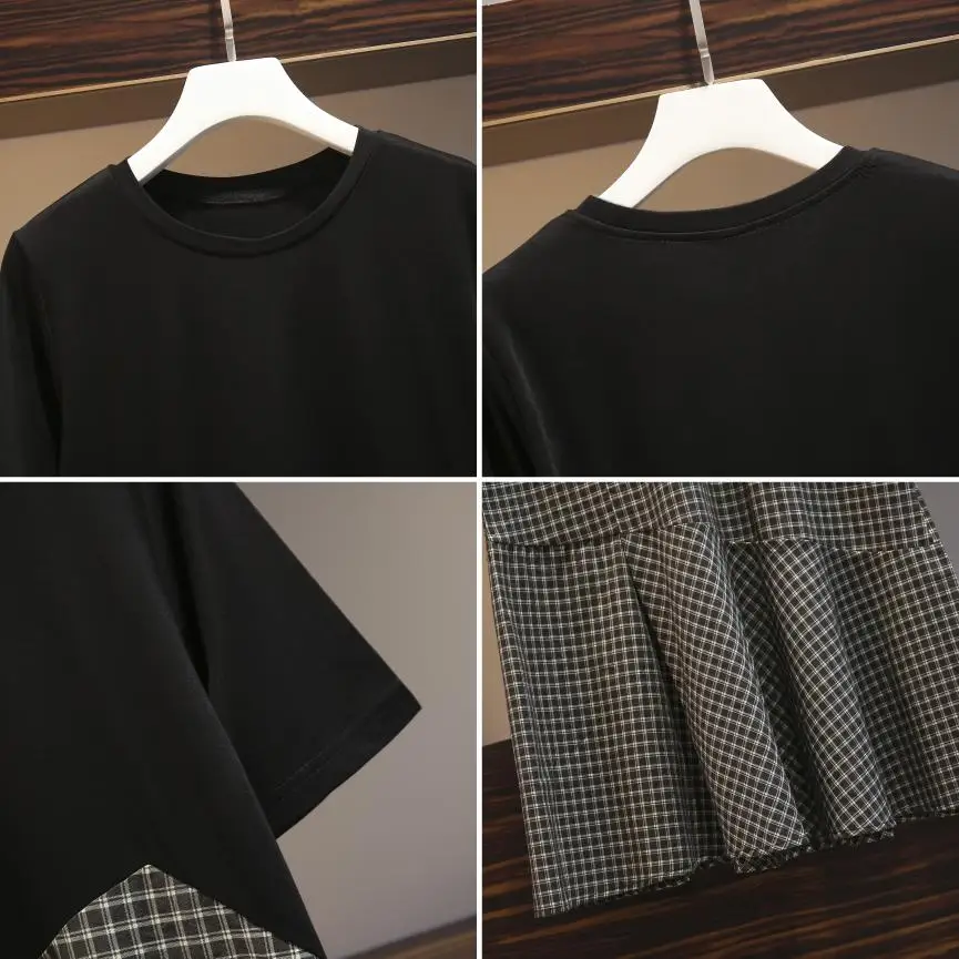 Frauen Baumwolle Plaid T-Shirt langes Kleid o Hals Kurzarm lässig weiblich elegant große Rüschen Sommer lose schwarze Party Robe