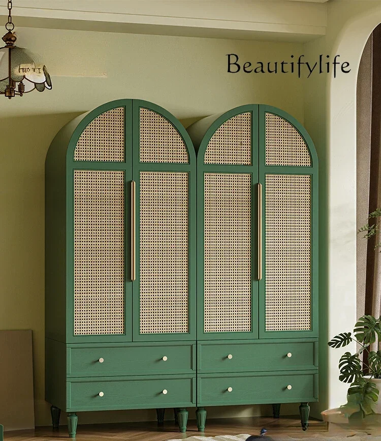 Dark green rattan wardrobe bedroom arched hanging wardrobe double door high cabinet American retro homestay furniture