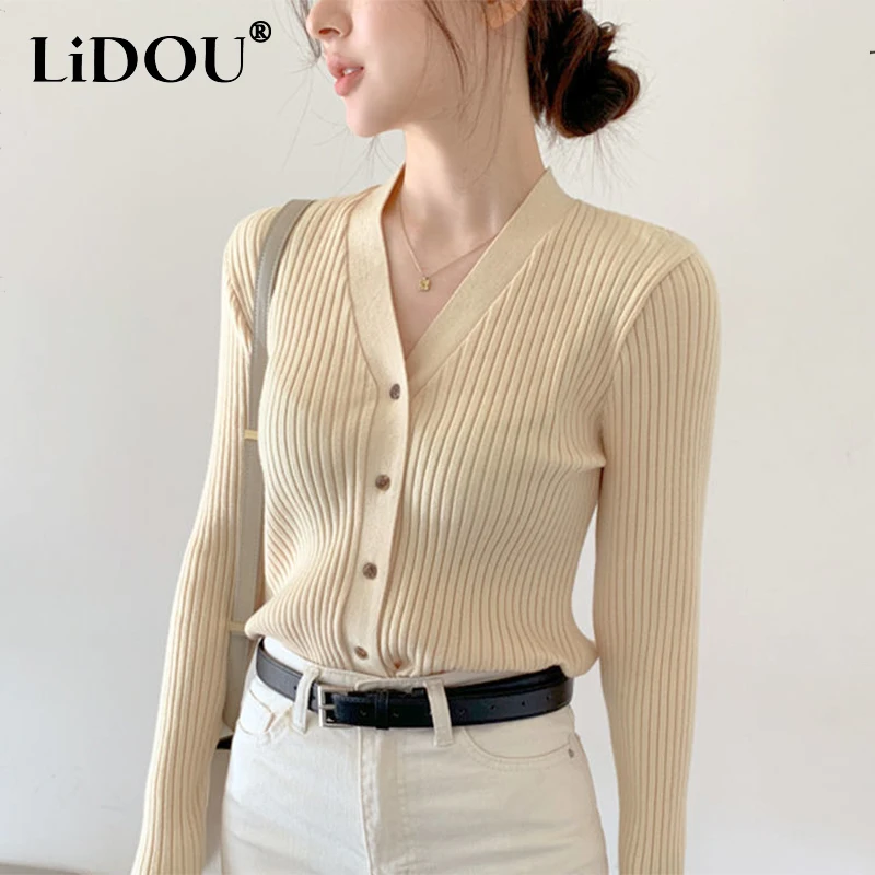 Autumn Winter Elegant Fashion Solid Color Knitted Cardigans Ladies Long Sleeve Buttons Slim Jacket Women Fashion V-neck Outwear