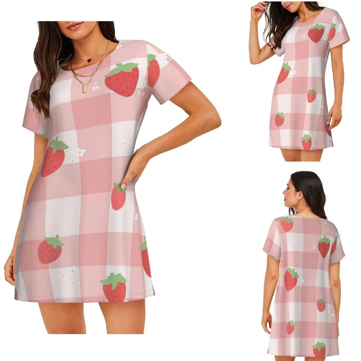 Custom Strawberry Plaid Short Sleeves Nightdress For Sleeping Sleepshirts Women Short Sleeve Nightgowns Soft Pajama Dress