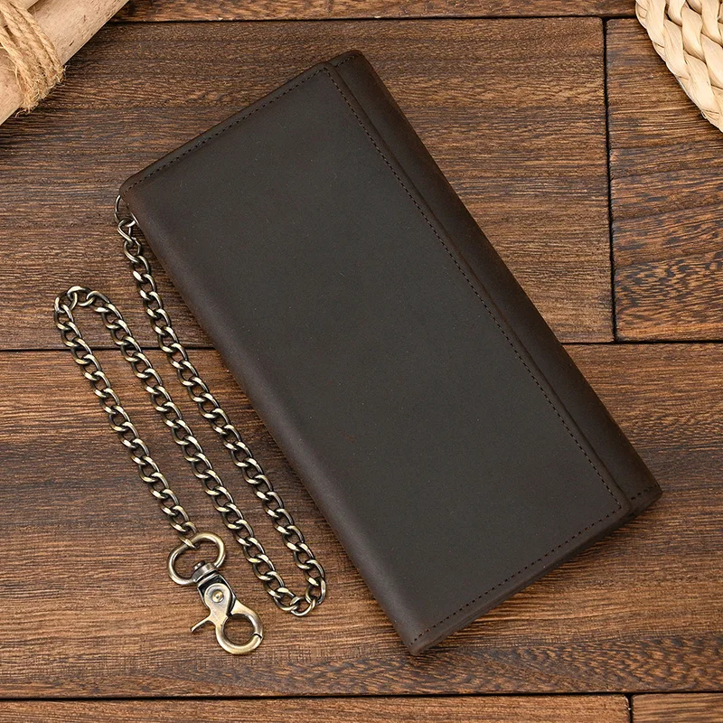 Luufan, el más nuevo diseñador, billetera de cuero genuino para hombre, tarjetero con cremallera, bolso largo triple, billetera de cuero de vaca para hombre con cadena de hierro
