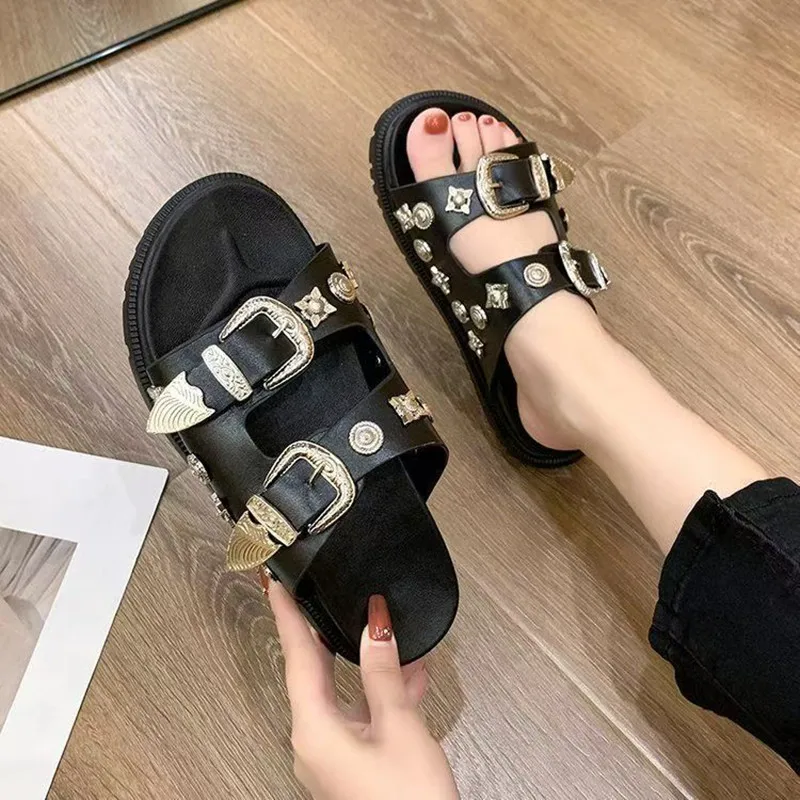 

2025 Summer Fashion New Style Metal-Buckle Flip-Flops For Women Thick-Soled Lightweight Anti-Slip Stylish Casual Beach Sandals