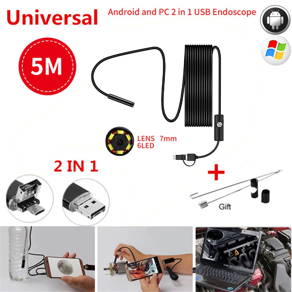 Endoscope Camera 7mm HD Inspection Camera IP67 Waterproof USB 6LEDs Endoscope for Phone Computer  1m