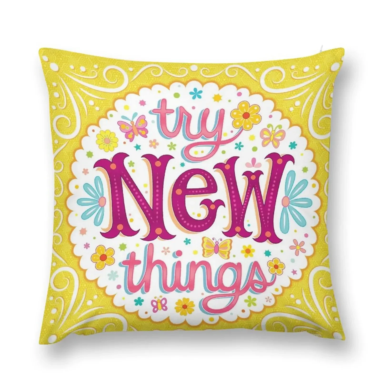 

Try New Things - Colorful Hand-Lettering Mantra Art by Thaneeya McArdle Throw Pillow Pillow Cover Pillow Decor Sofa Cover