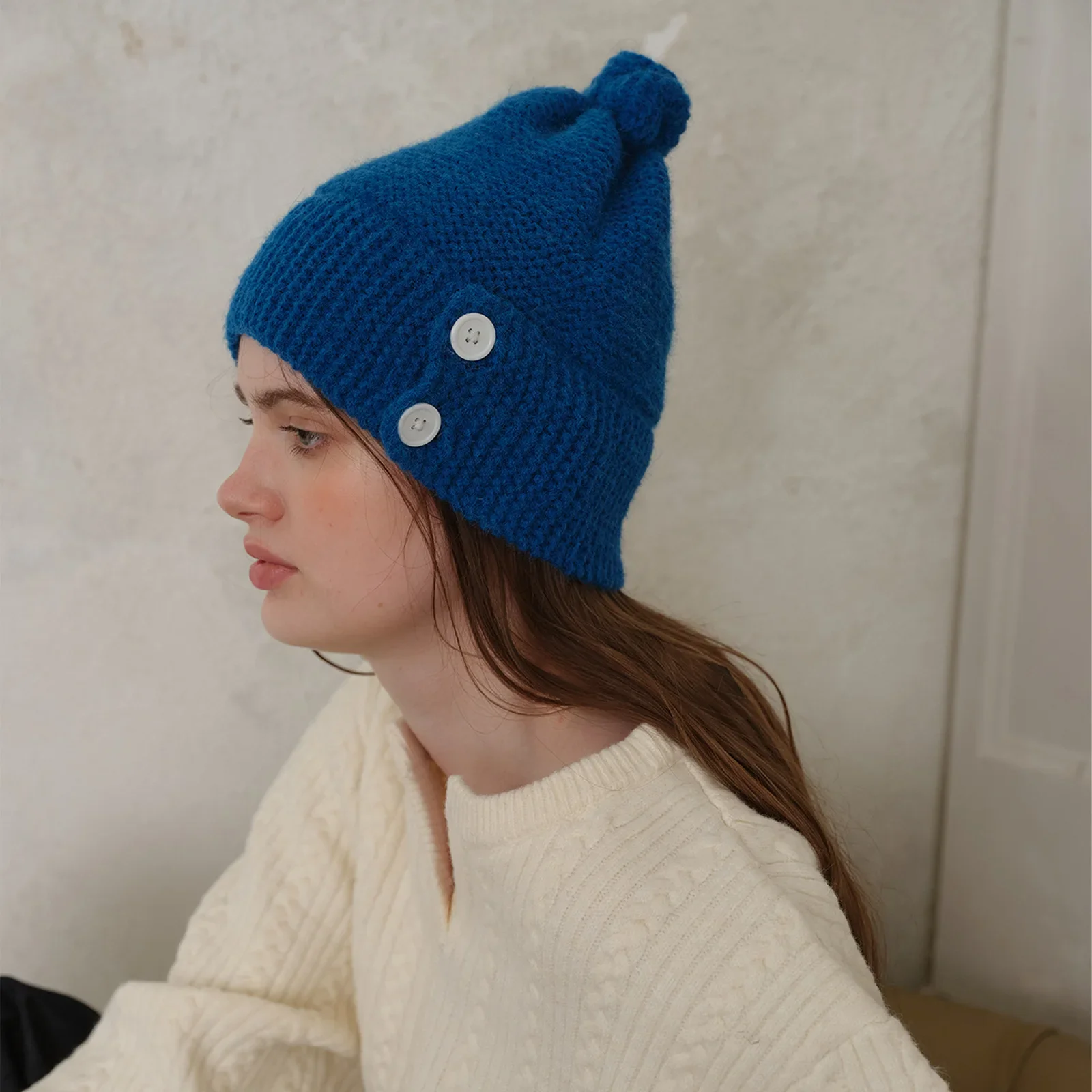 2024 New Winter Personalized Warm Klein Blue B with Comfortable Ear Protection Button Knitted Wool Cold Hat Women