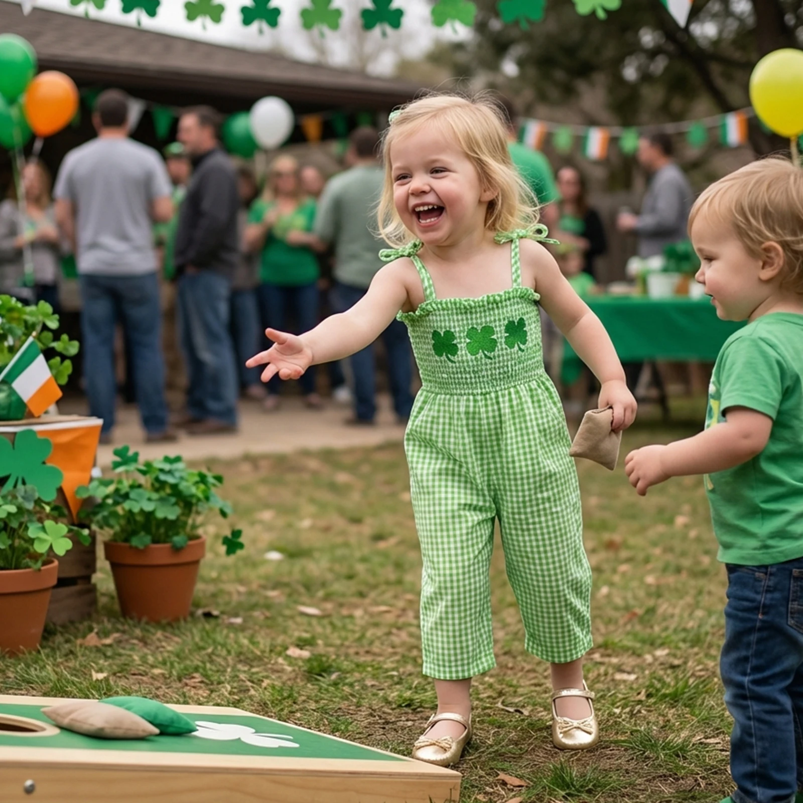 Toddler Girl St. Patrick's Day Tie-up Jumpsuit Clover Embroidered Plaid Sleeveless Smocked Wide Leg Pants Romper
