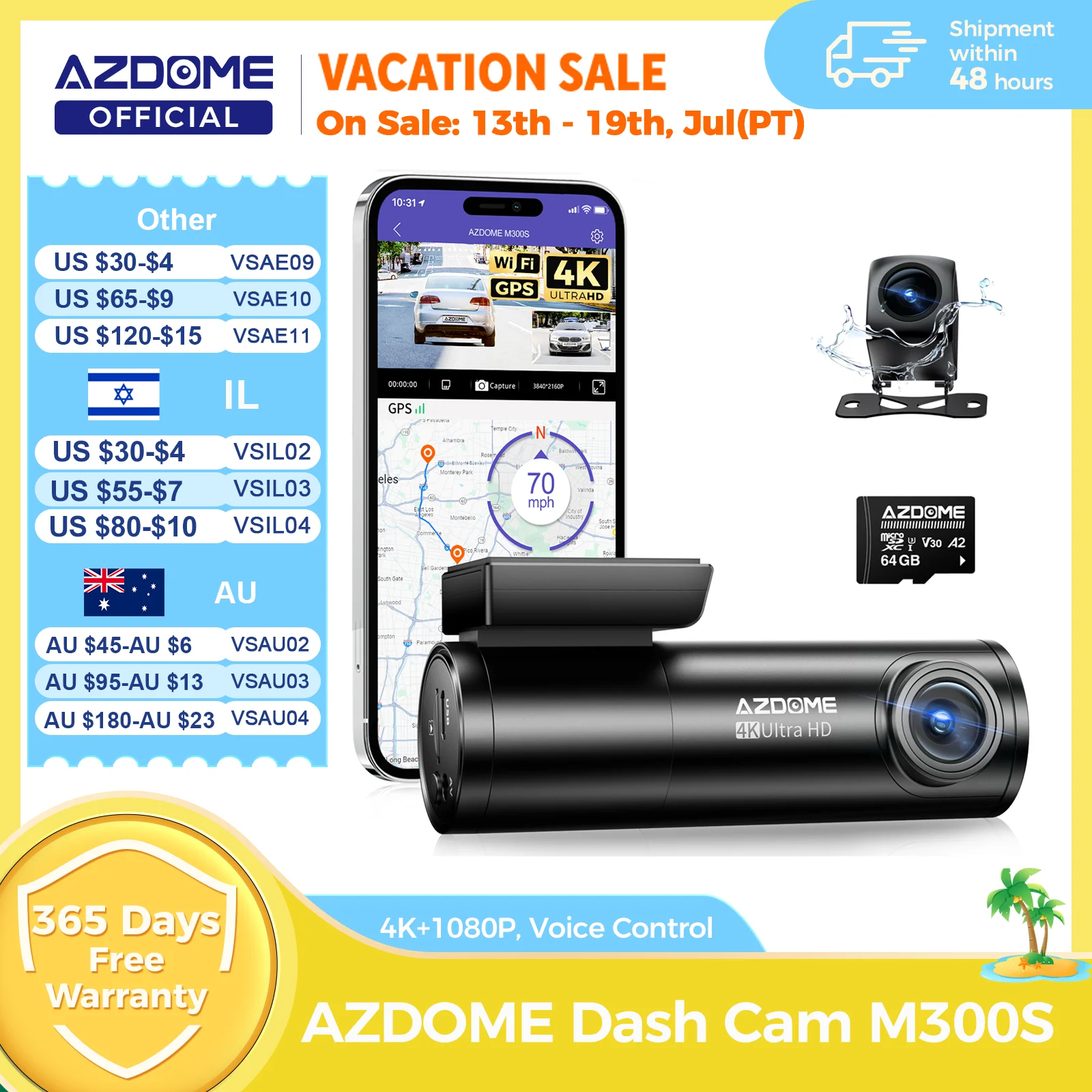 AZDOME M300S 4K Dash Cam vorne und hinten, integrierte ADAS WiFi GPS Dash Kamera für Autos, kostenlose 64 GB Karte, Sprachsteuerung, Nachtsicht