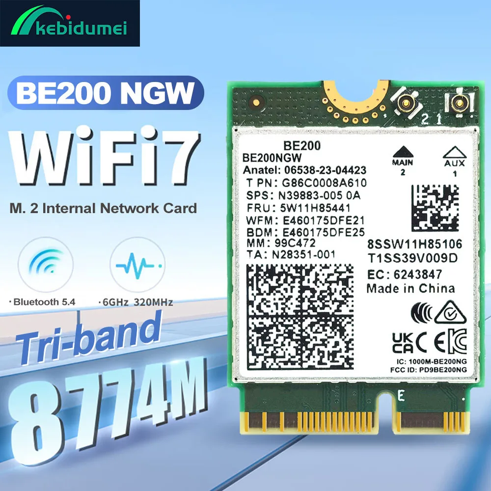 

Kebidumei WiFi 7 BE200 Bluetooth5.4 Wi-Fi карта 8774 Мбит/с BE200NGW трехдиапазонный 2,4/5G/6G беспроводной сетевой адаптер для ноутбука Win 10/11