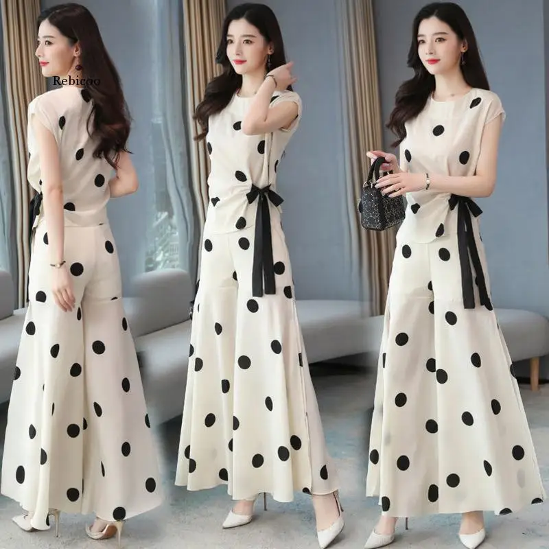 Clothing Women Short Sleeve Shirt Suit 2022 Summer New Fashion Chiffon Printed Dots Top Wide Leg Pants 2 Two Piece Set