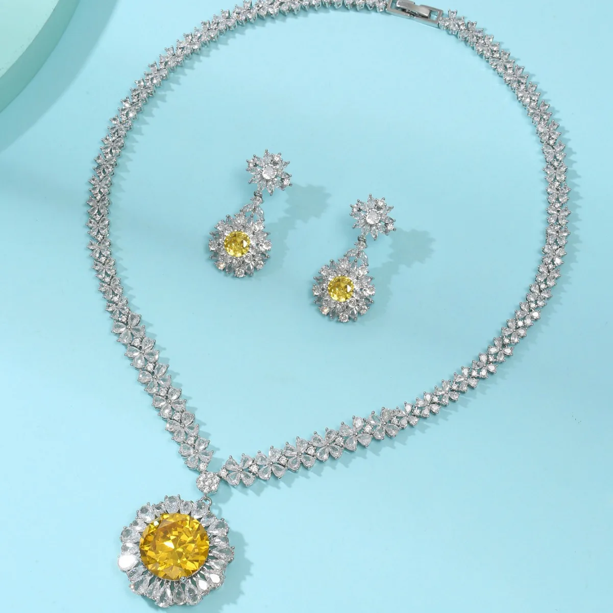 

luxury jewelry set 2pcs necklace earrings large round flower pendant red green blue yellow zirconia wedding dinner party jewelry