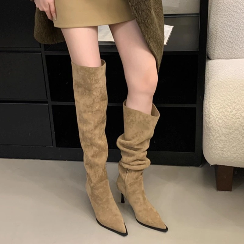 Temperament Tall Boots Autumn New Pointed Toe Suede Side Zipper Non-Slip Wear-Resistant Slim Follower Boots view 5