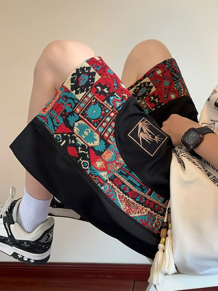 

Summer Trendy Men's ort Pants Patchwork Embroidery Straight Loose Casual Five-Quarter Length Breathable Lightweight Cotton