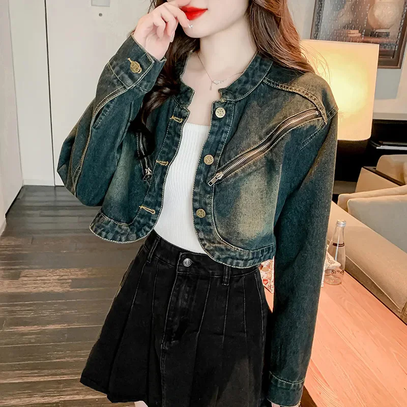 Female Korean High Waisted Denim Jacket Women's Spring, Autumn Summer Outfits Ultra Short Stature And Slimming Motorcycle Jacket