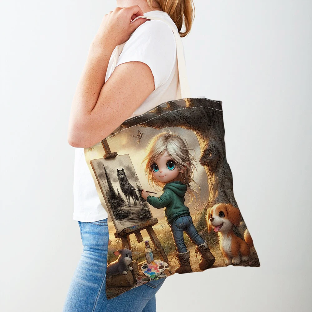 Canvas Women Shopper Bag Cute Cartoon Girl Shopping Bags Double Print Reusable Foldable Children Gift Travel Lady Tote Handbag