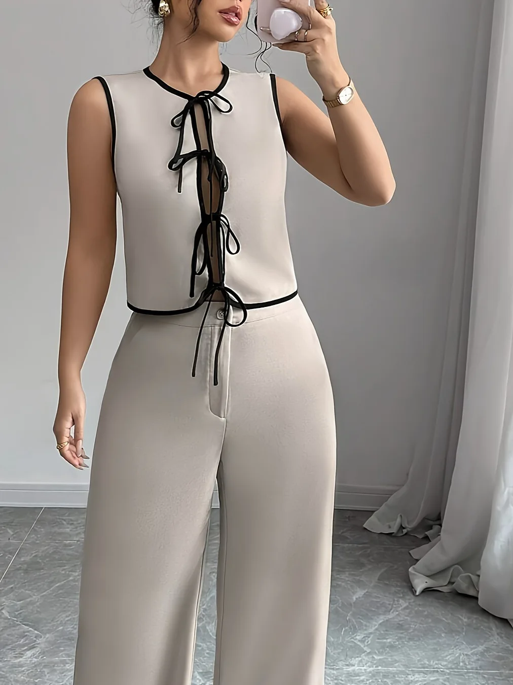 

Женский комплект широких брюк Color Blo irt с завязкой Ne Design Ele Sle Faionable Suit для женщин среднего возраста