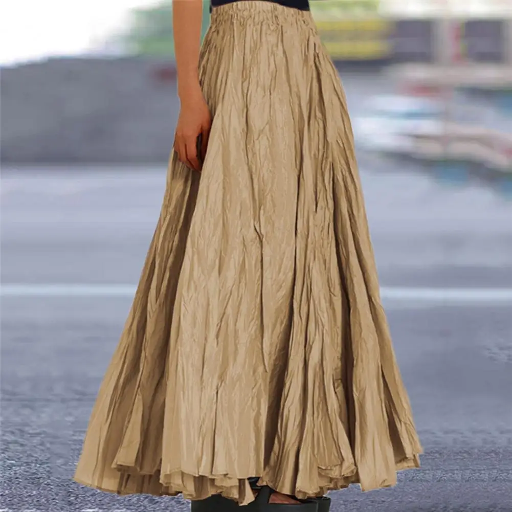 Ankle-length Women Skirt Elegant High Waist Pleated Maxi Skirt for Women Solid Color A-line Ankle-length Skirt with Hem for Work