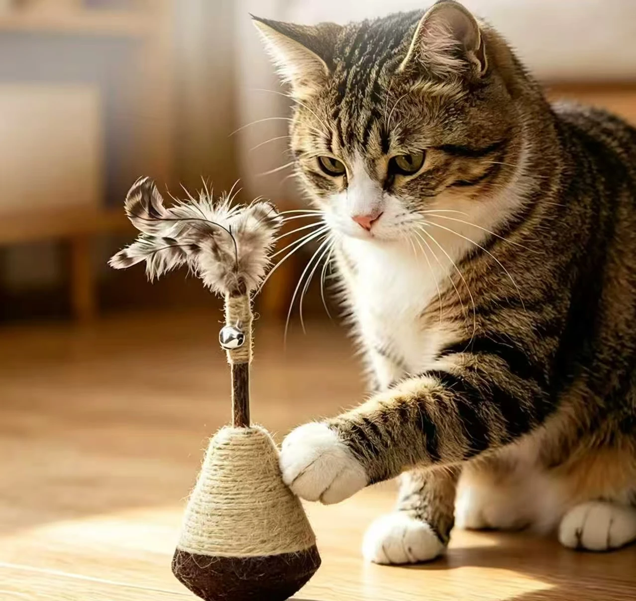 Silver Vine Tumbler Cat Toy Feather Bell Interactive Kitten Teaser Toy Sisal Wrapped Self Play Chew Toy Relieve Boredom Pet Supp