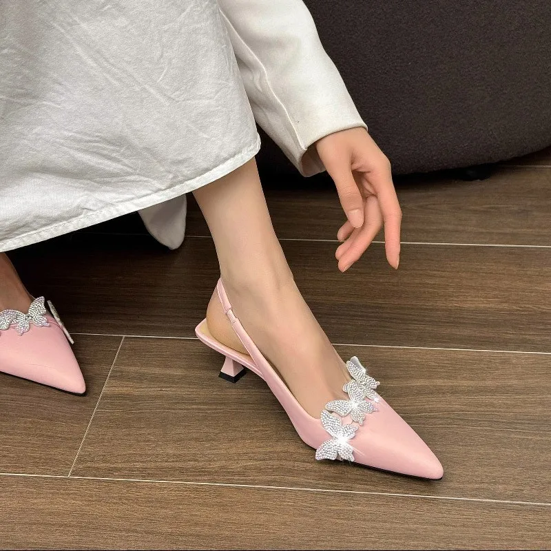Women's Rhinestone Butterfly Slingback Heels Pointed Toe Kitten Heel Sandals Elegant Pink Party Dress Shoes