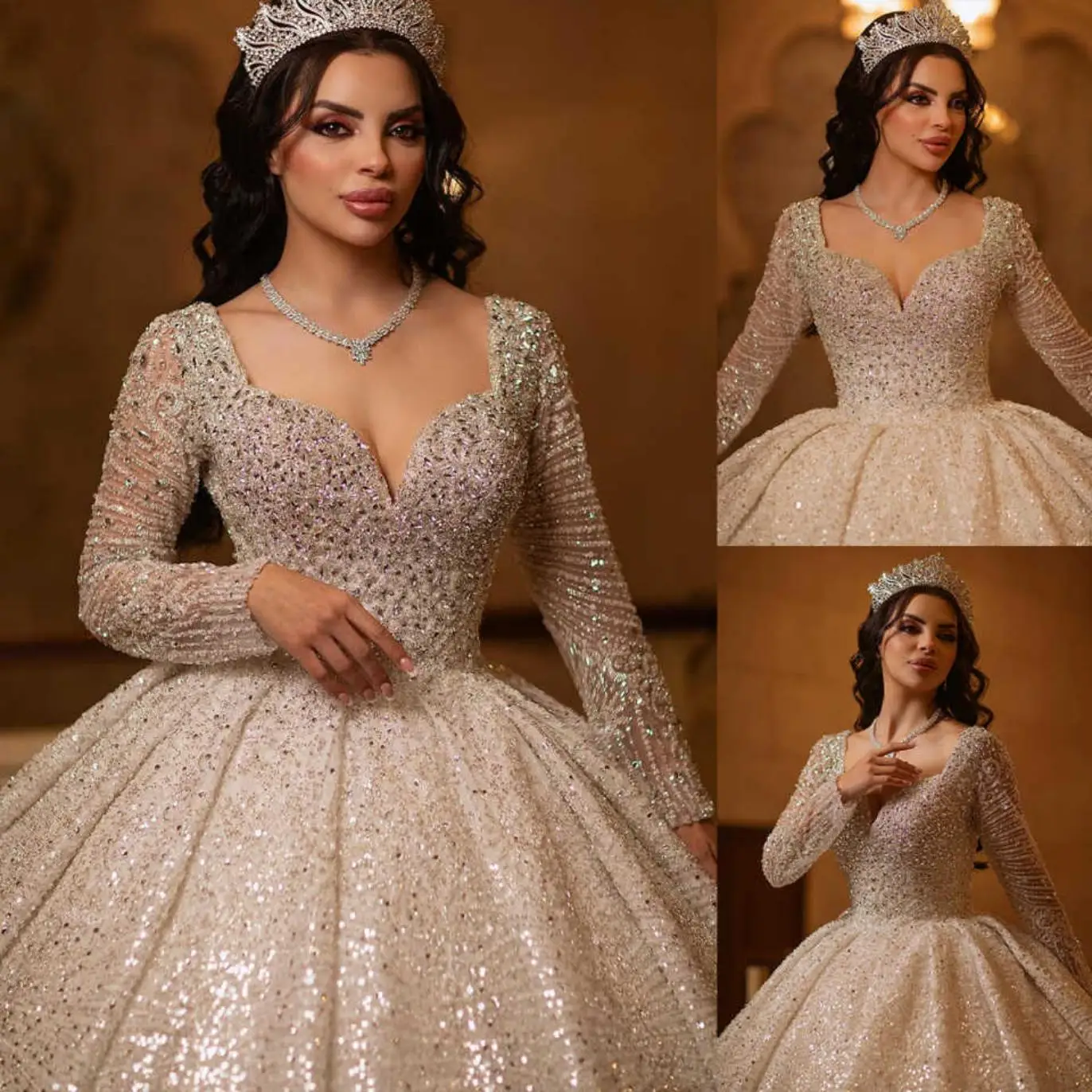 

Блестящее бальное платье, свадебное платье, блестки, хрустальные свадебные платья, милая шея, длинные рукава, платья со шлейфом, платье по индивидуальному заказу