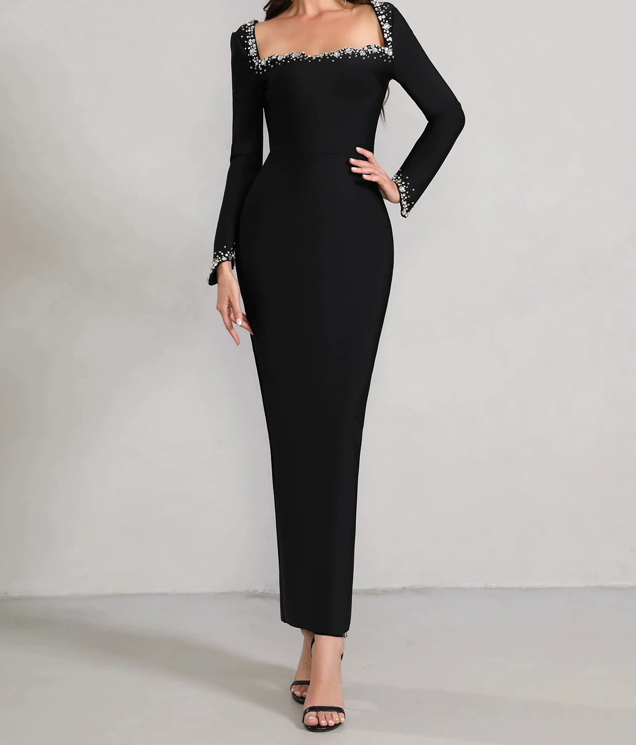 Abito da ballo a maniche lunghe in cristallo di alta qualità, elegante abito da sera con fasciatura per donna-GZXXX343