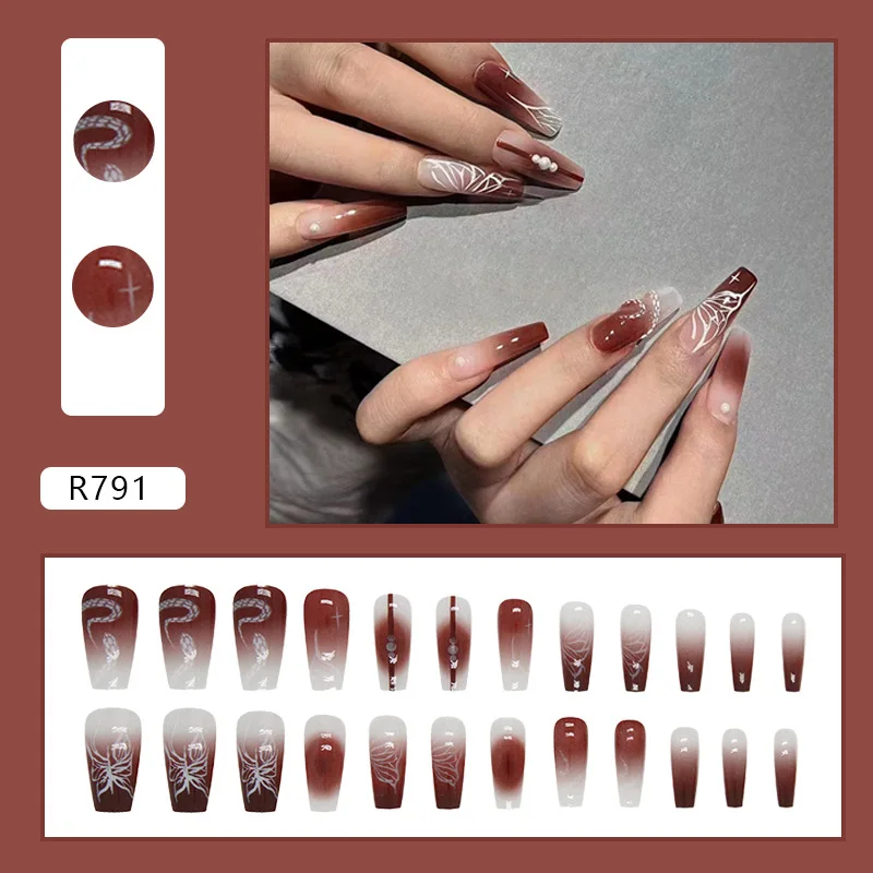 Imprensa longa em unhas postiças com encantos, Borgonha, Marrom, Gradiente, Borboleta, Ballet Design, Cobertura completa, Caixão, Manicure, 24pcs