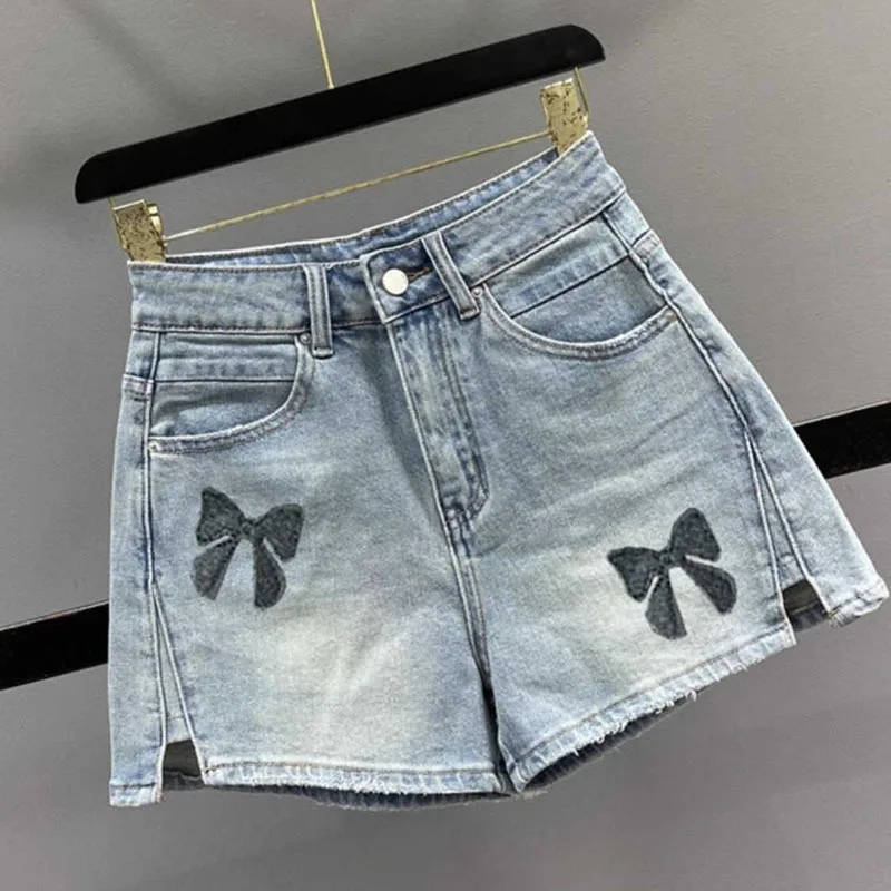 Butterfly embroidered denim shorts for summer women high waist slim 2024 new spicy girl A-line hot pants