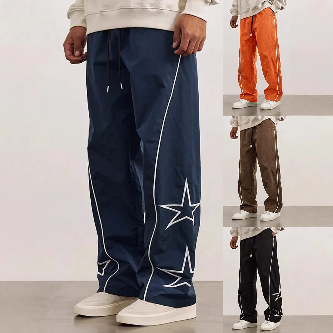 2025 American European New Fashion Men's Basic Drawstring Casual Trendy Wide Leg Straight Embroideried Loose Trousers Male Pants