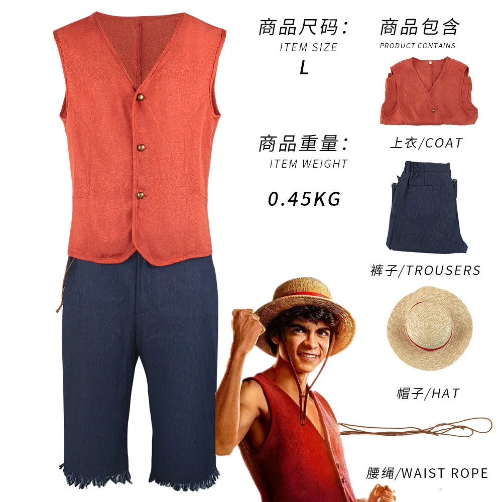 Luffy Cosplay Monkey D Luffy Costume Red Vest Shorts Hat Rope Anime Outfit Adults Men for Halloween Party Men Kids Cos Gifts