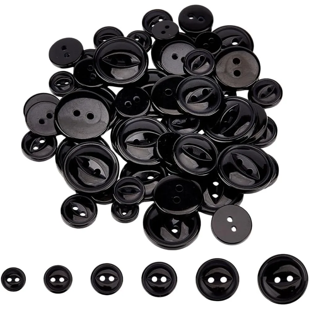 120pcs Black Fish Eye Buttons for Crafts 2 Hole Cute Button for Sewing 6 Styles Resin Flat Round Buttons for Clothing T-Shirt
