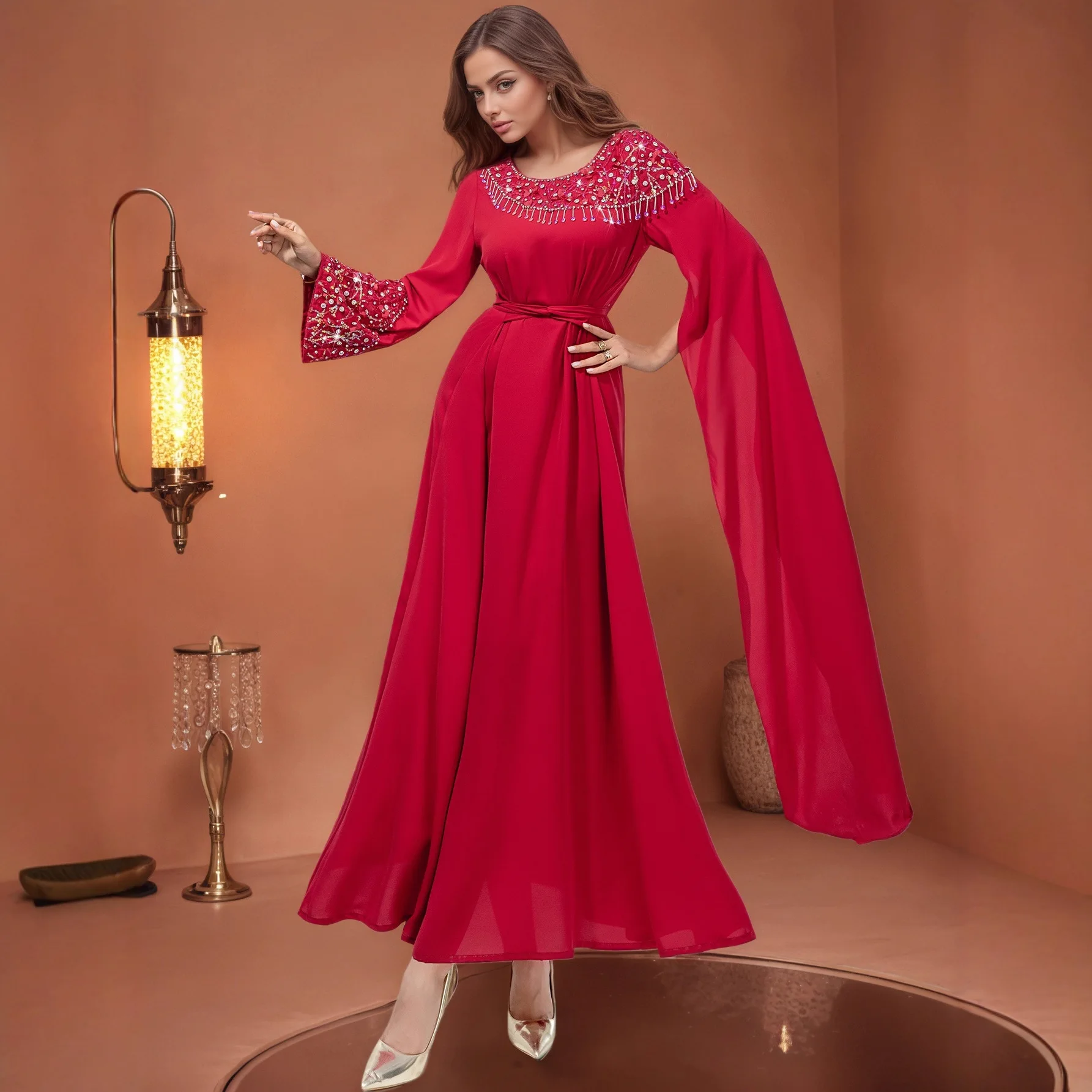 Women Red Solid Color Elegant Trendy Long Sleeve Ankle Length O-neck Diamond Ceremonial Dress Muslim Middle East Fashion Clothes