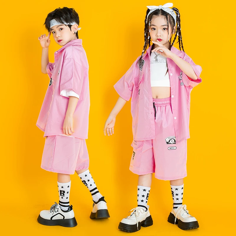 Abbigliamento da strada per bambini abiti da adolescente Hip Hop abbigliamento camicia rosa top pantaloncini Cargo rosa per ragazza ragazzo Jazz Dance Costume vestiti