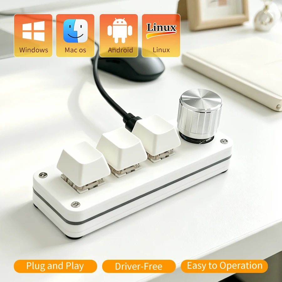 Teclado programável de 3 teclas com 1 botão, teclado mecânico macro hotswap USB C para jogos, música e controle de mídia, compatível com Windows.