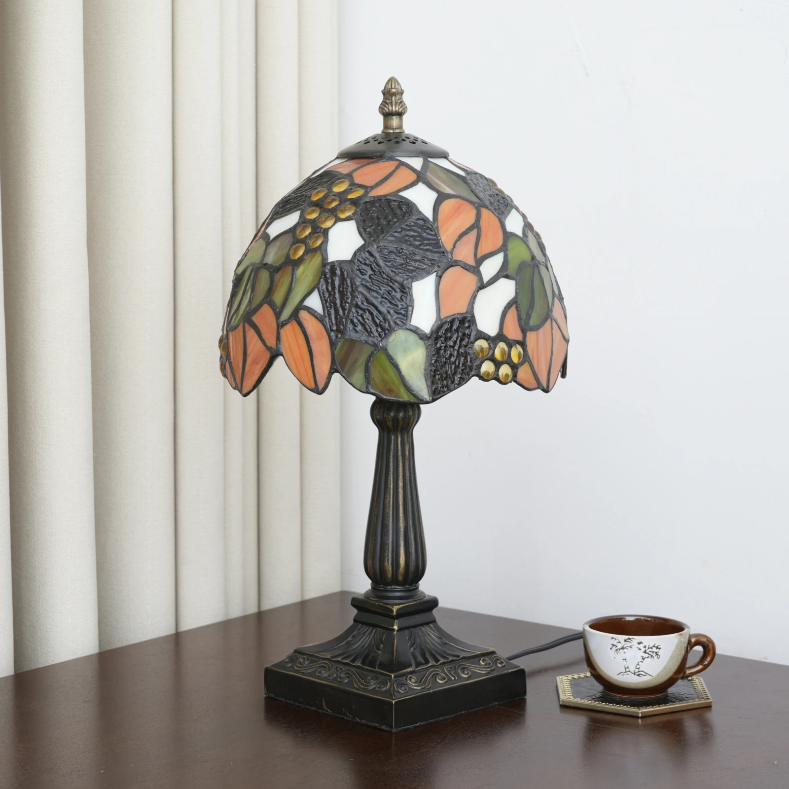 Small Tiffany Table Lamp Maple Leaf Grapes Stained Glass 8 Inch Desk Lamp for Bedroom Living Room Home, Handcrafted Light