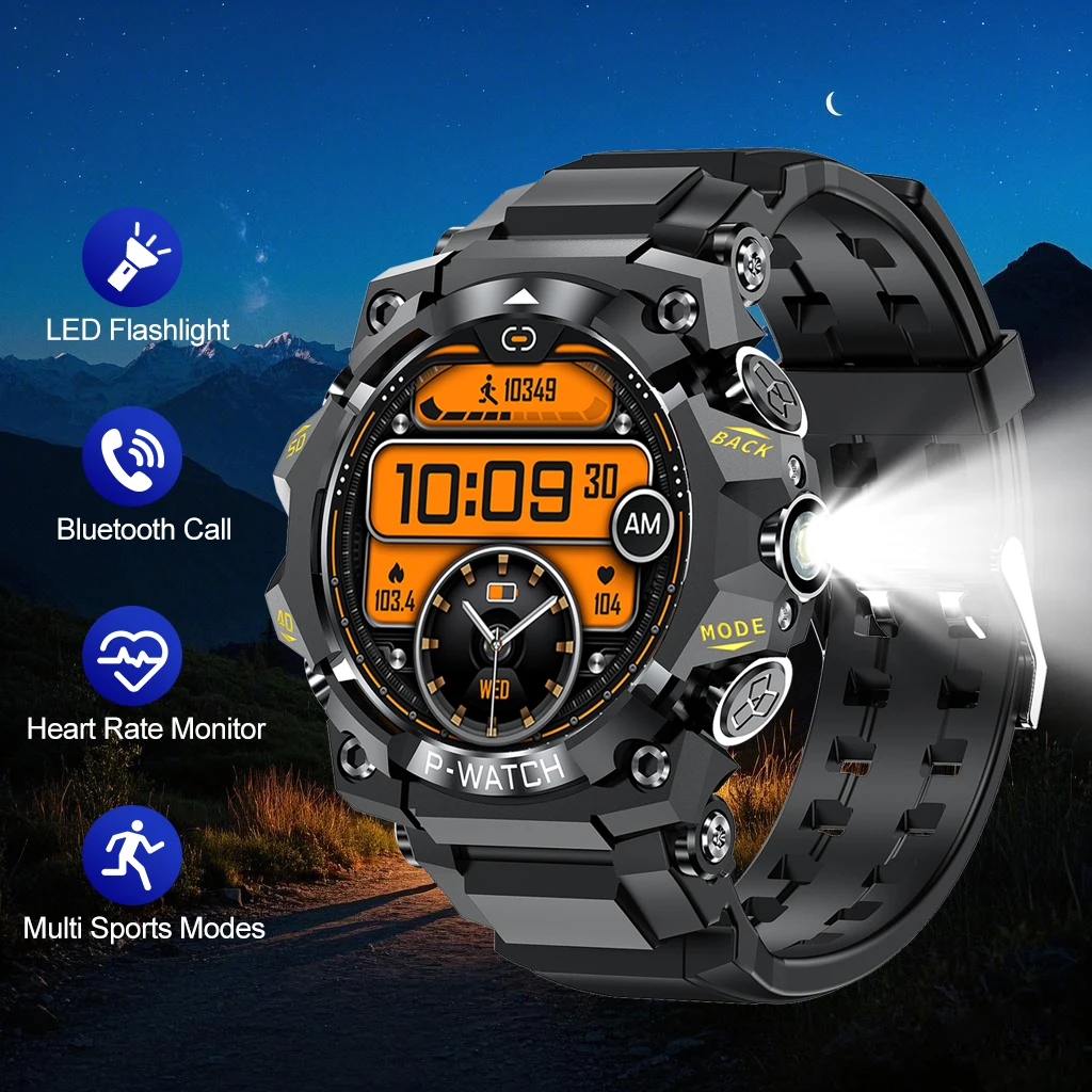 สมาร์ทนาฬิกาผู้ชายไฟฉาย LED กีฬากลางแจ้งนาฬิกาบลูทูธสุขภาพ Moniotr Voice Assistant IP68 Smartwatch กันน้ํา