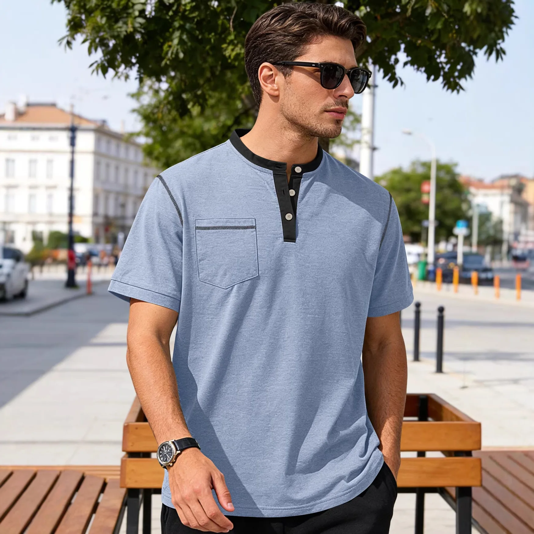 Men's Contrast Stitching Henley T‑Shirt Short Sleeve Stand Collar Button Placket Chest Pocket Casual Tops