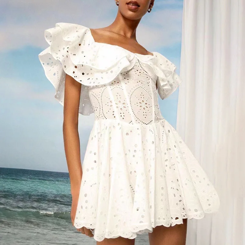 Woman's Dress Summer High-End Off-Shoulder Ruffle Embroidered Waist Slimming Vacation Style Dress Short Skirt Elegant Beachdress