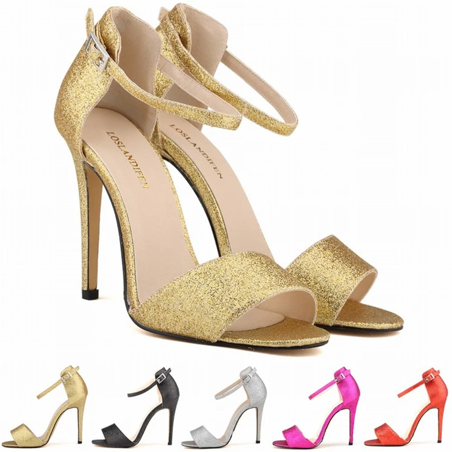 

Sequined Cloth Fashion Women Sandals Gold Black Red High Heels Open Toe Shoes Summer Thin Buckle Female Wedding Party Shoe 35-42