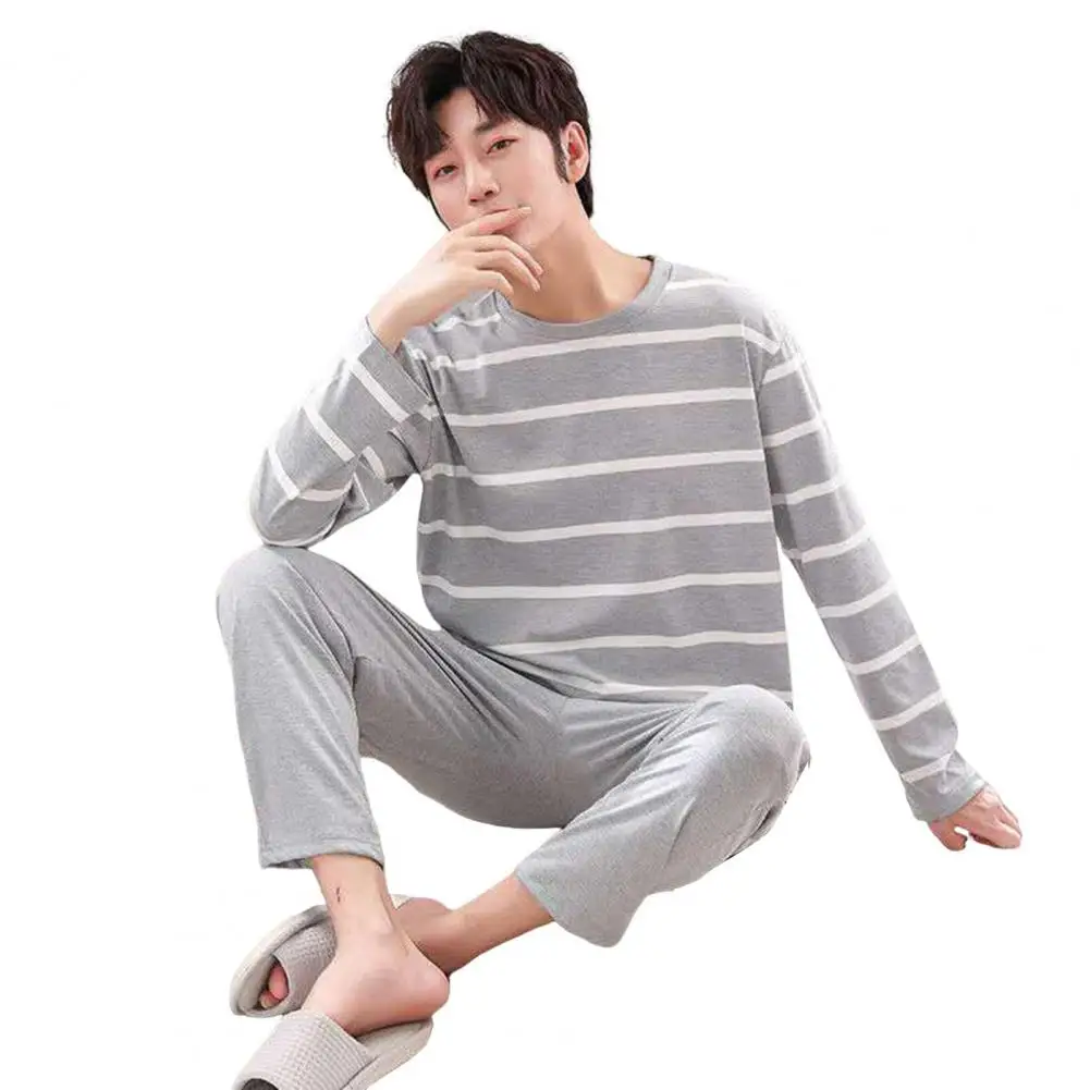 Men Pajama Set Lapel Design Pajamas Men's Striped Print Pajama Set with Long Sleeve Top Elastic Waist Pants Cozy Lounge for Home