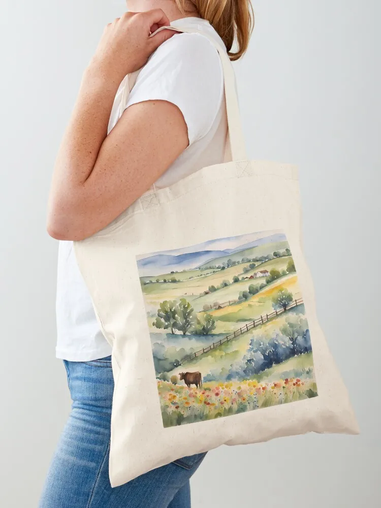 Rural Countryside Charm: Rolling Hills and Blossoming Meadows - Watercolor Landscape Tote Bag tote bag custom