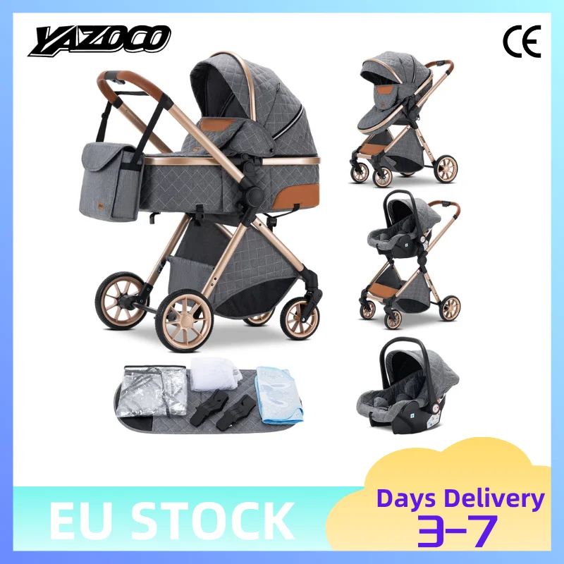 Poussette bébé pliable de luxe 3-en-1, vue surélevée, cadre en aluminium, inclinaison multi-positions pour nouveau-né