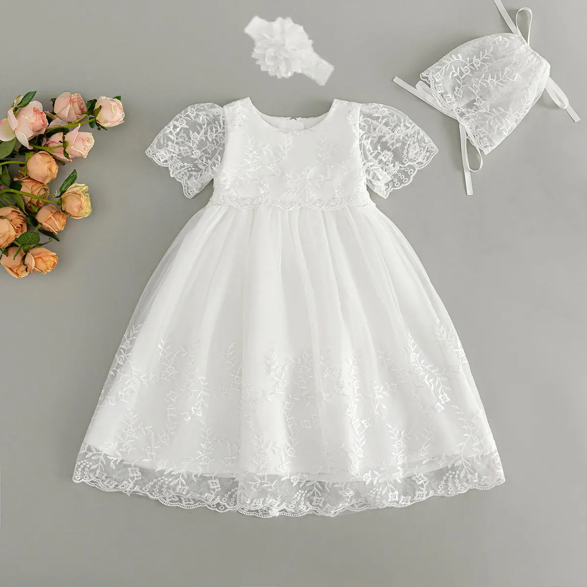 HETISO Girl Kid\'s Dress Hollow Lace Baby Baptism Gown Embroidery Flower Infant Toddler Birthday Stuff 12 24 Monthes