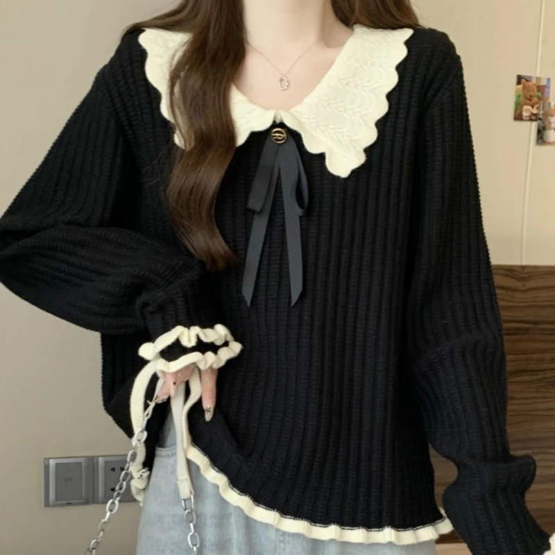 Korean Fashion Sweet Black Sweater Autumn Doll Collar Long Sleeved Wooden Ear Women Knitted Tops Loose Casual Pullovers Knitwear