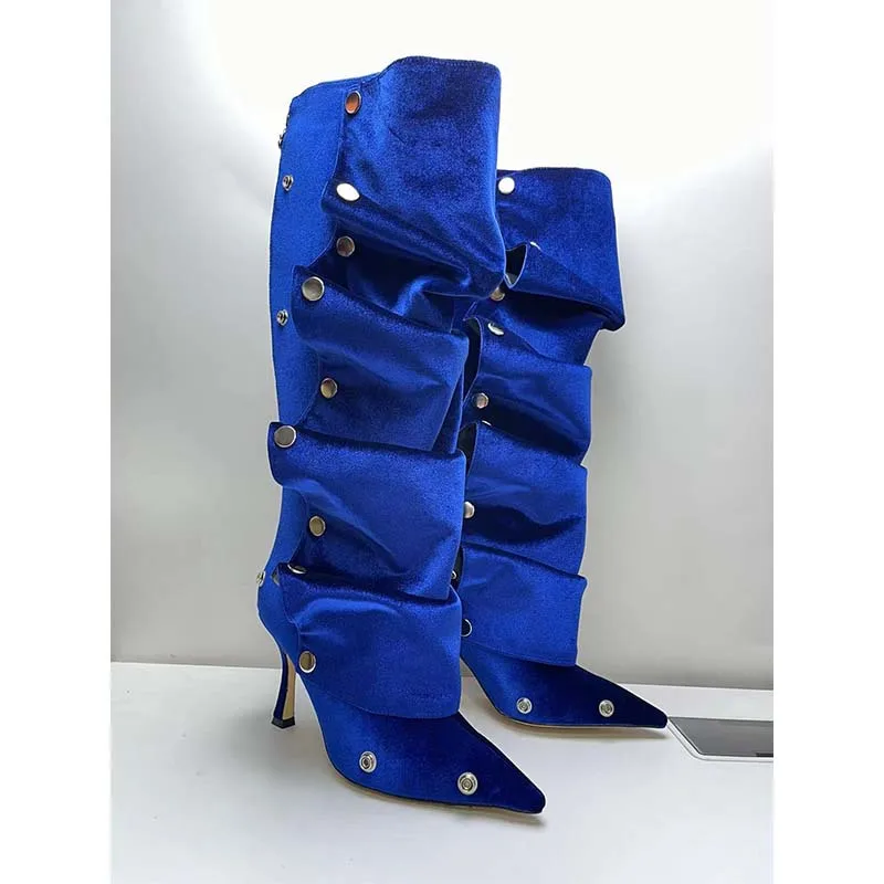 

Pointed Metal Rivet Knee-High Boots Xishi Velvet Two-Way Pleated Pile Botines Stiletto Soft Leather Women Botas Femininas
