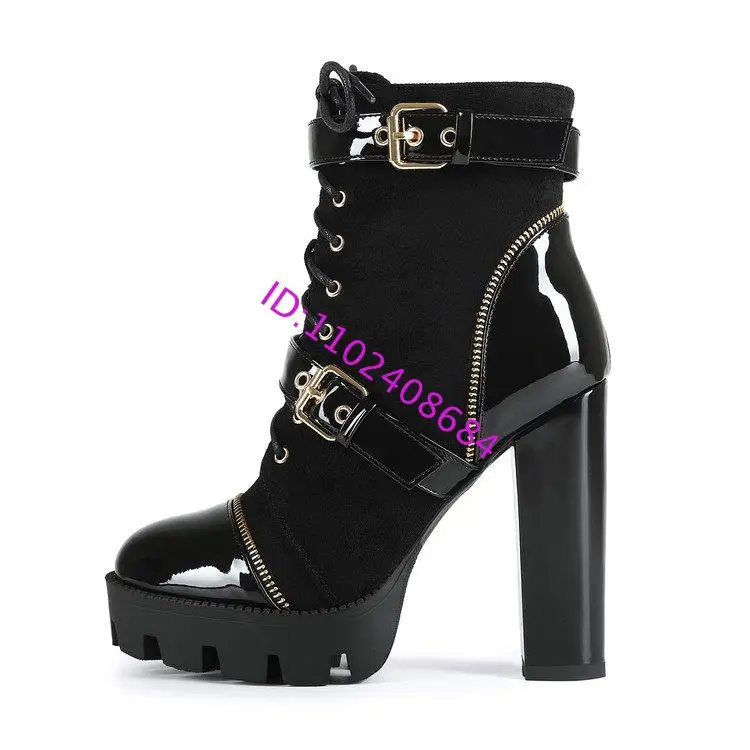Design Women Black Leather Round Toe Rivets Metal Zippers Block High Heel Thick Bottom Ankle Boots Belt Buckles Platform Boots