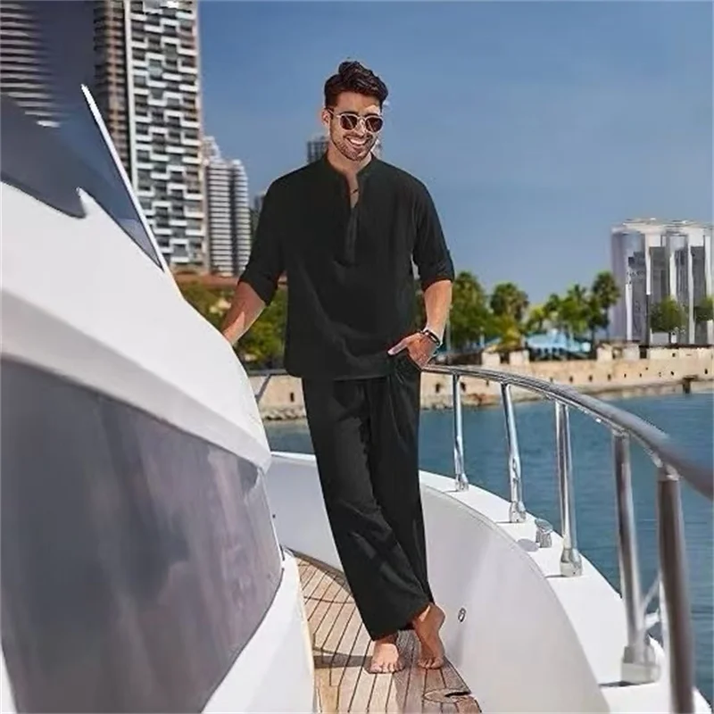 

Мужской курортный стиль, воротник-стойка, топ с длинными рукавами + свободные брюки, комплект в стиле яхты, повседневный удобный комплект из двух предметов, S-2XL