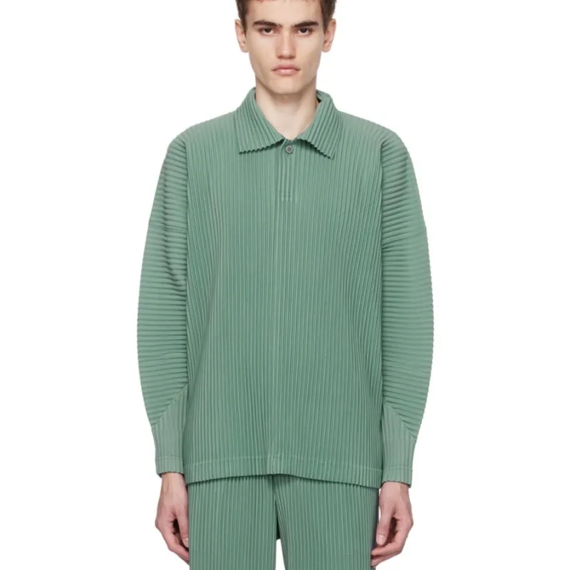 Japanese Classic Miyake Pleated Men's 2025 Spring and Summer New Solid Color Loose Casual Lapel Long-sleeved Shirt Polo Shirt