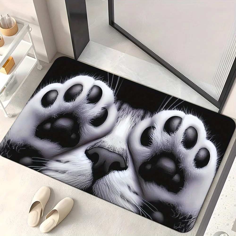 Cat Paw Close Up Black White Floor Rug Furry Texture Toe Bean Detail Print Non Slip  Mat For Home Entrance Decor