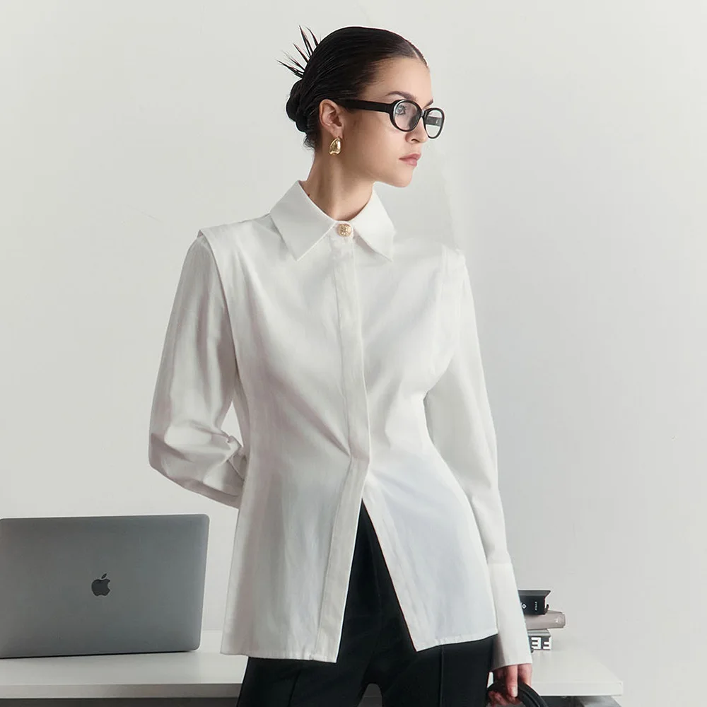 قميص بسيط من القطن الأبيض بأكمام طويلة للربيع والصيف للنساء، قميص كاجوال ناعم للمكتب بزاوية قائمة